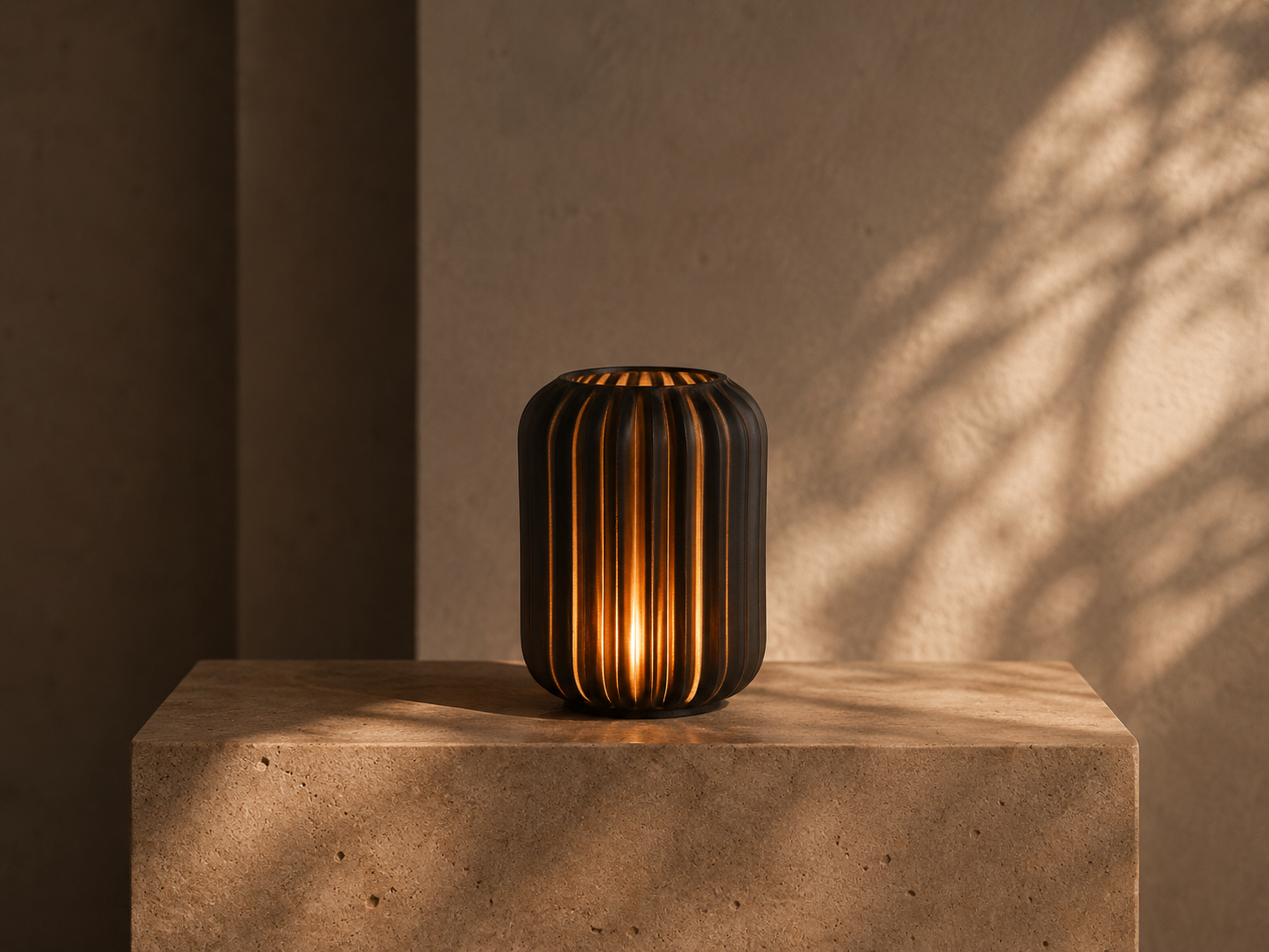 Aura Compact black ribbed table lamp glowing on a concrete pedestal.