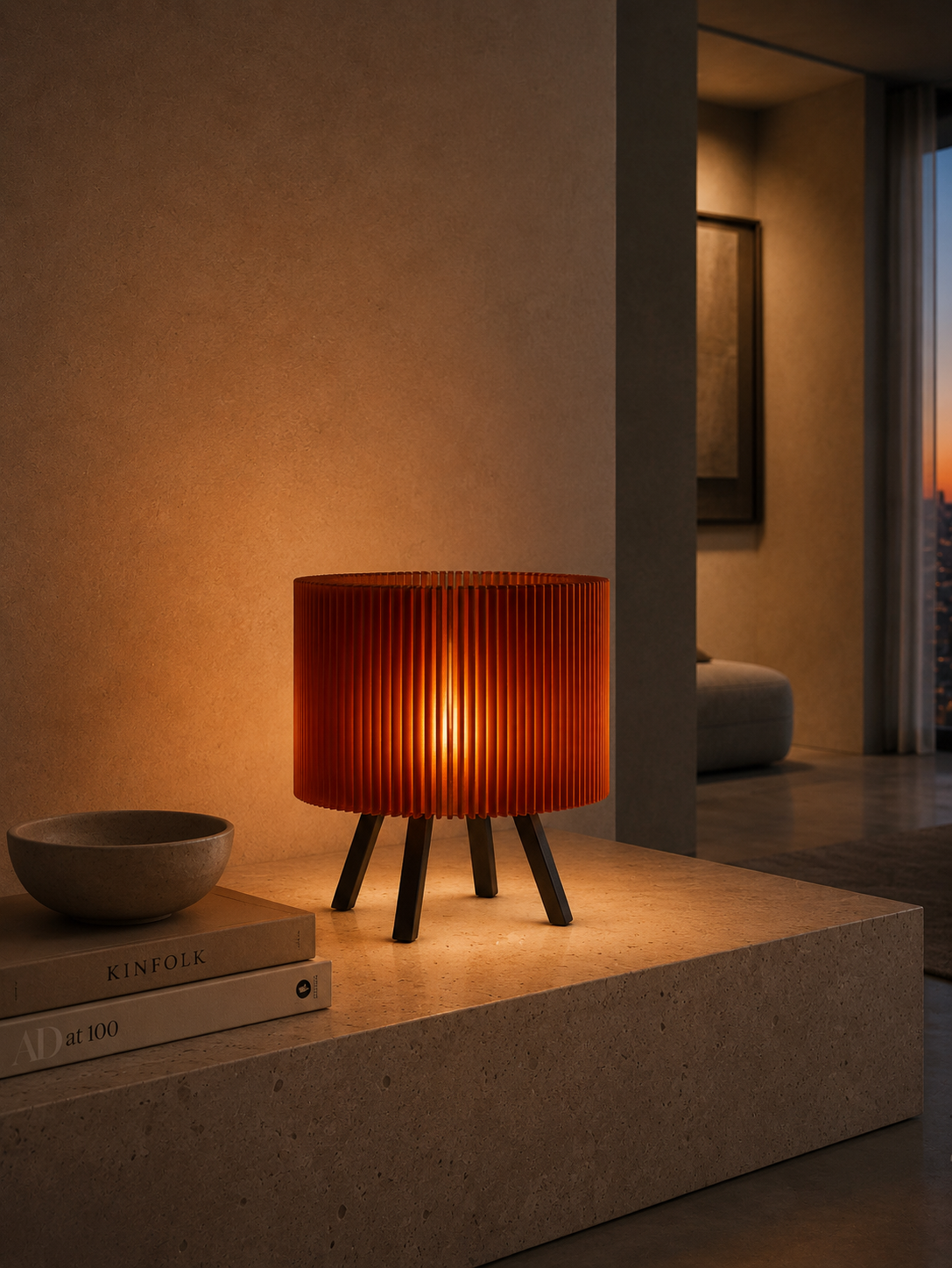 Orbit Amber table lamp glowing on a travertine ledge in a warm interior.