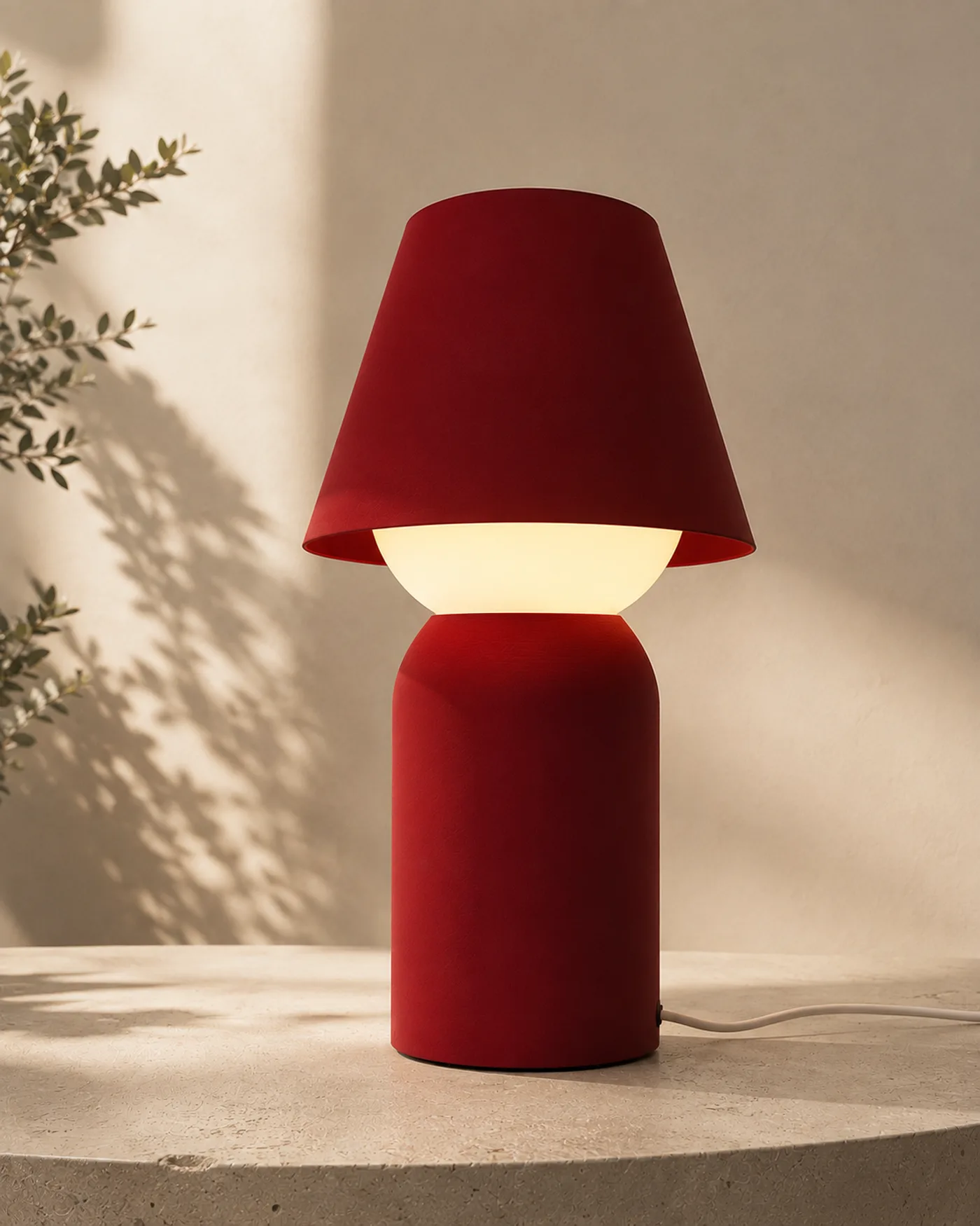 JUNEE red table lamp with a conical directional shade.