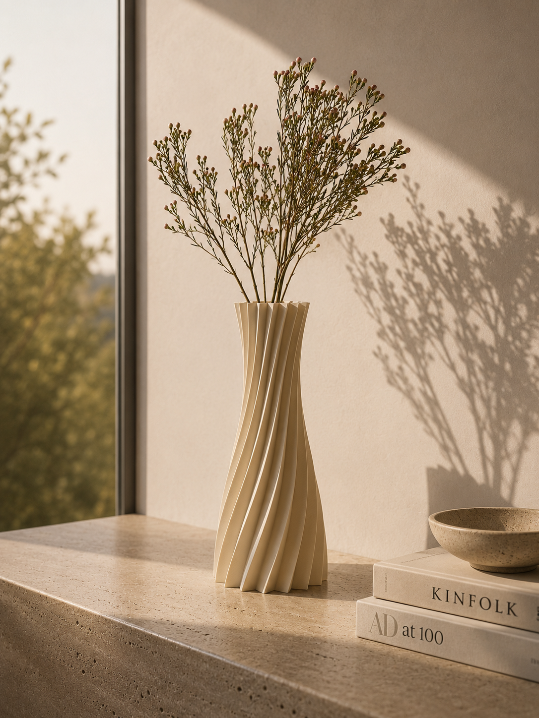 Twist Sand ribbed vase on a quiet neutral surface.