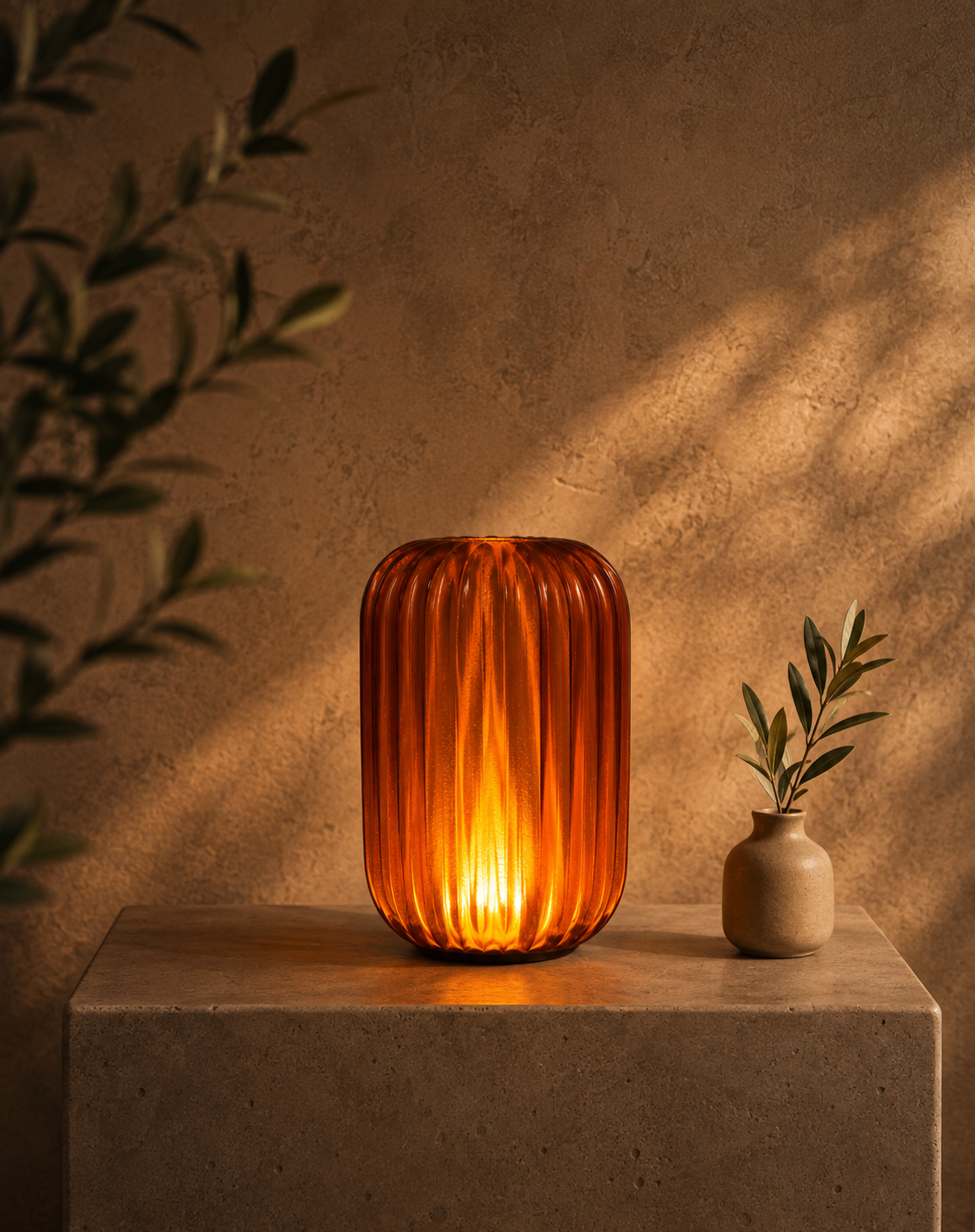 Aura Expansive amber table lamp glowing on a concrete block.