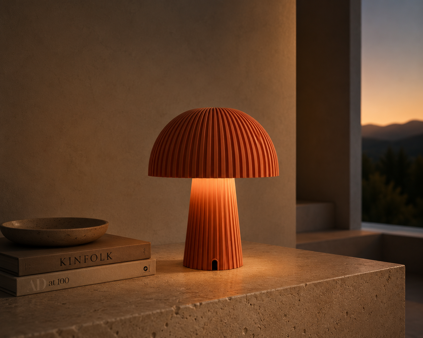 Maxi Mush terracotta table lamp lit in a calm interior.