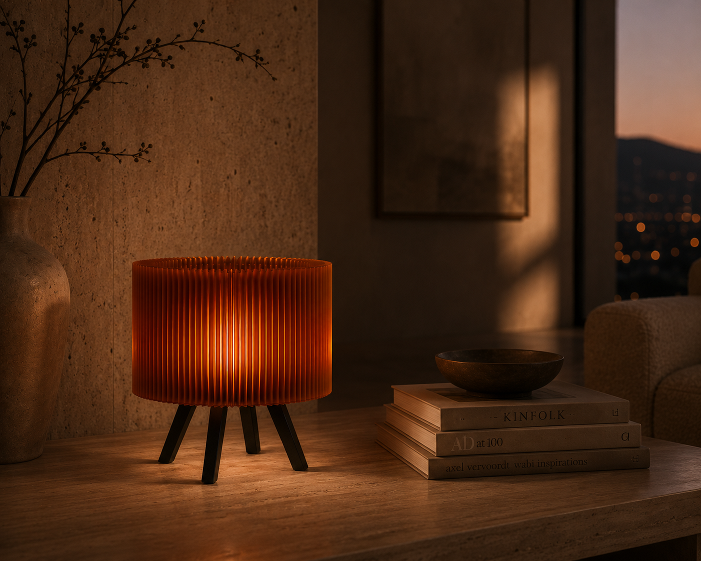 Orbit table lamp glowing beside everyday objects in a warm home interior.