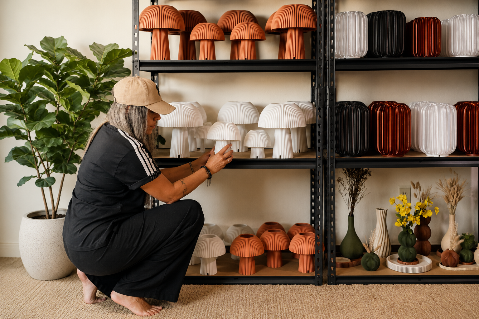 Layvra Studio founder arranging 3D printed lamps and vases on the studio shelving.