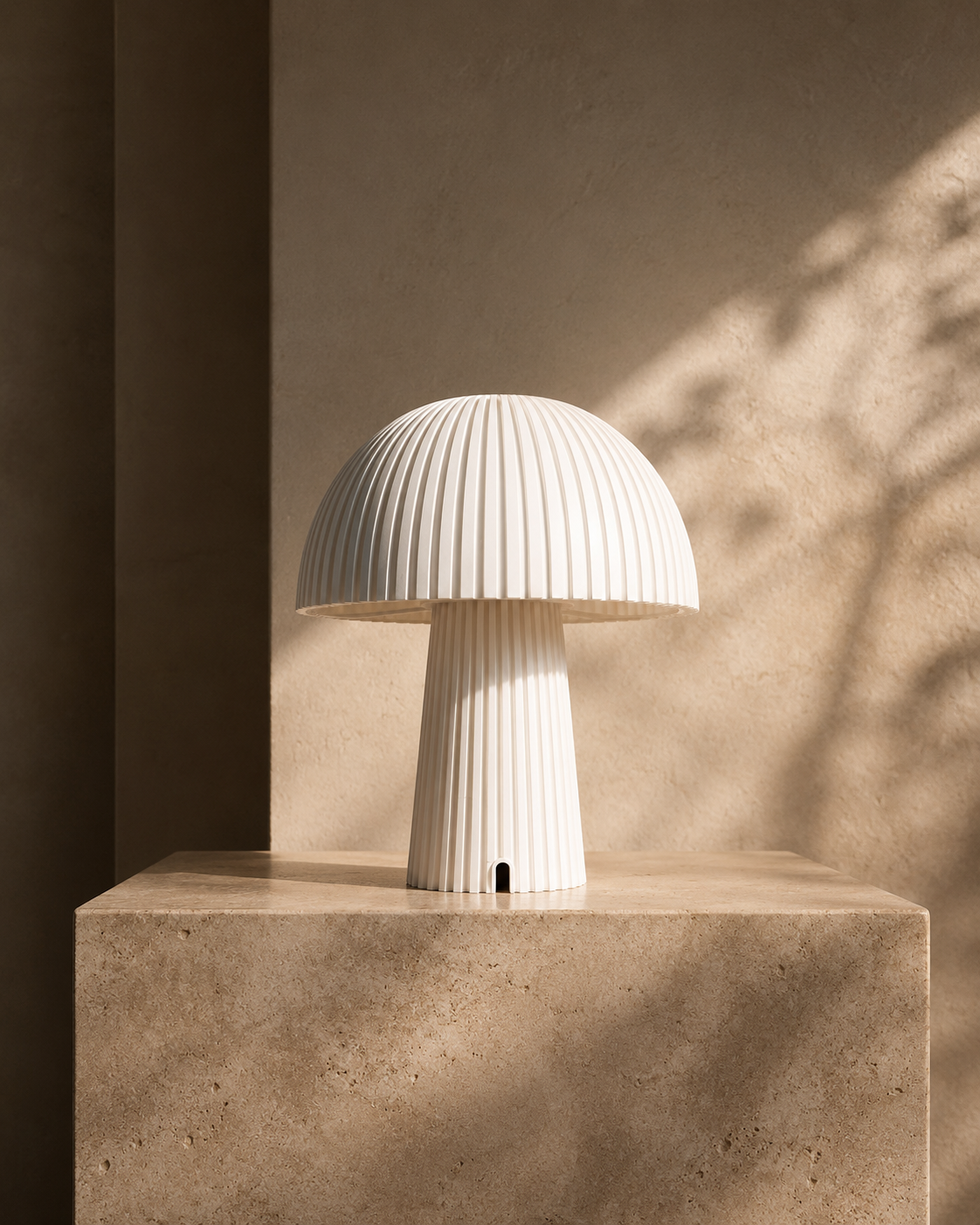 Maxi Mush White table lamp glowing softly on a quiet surface.