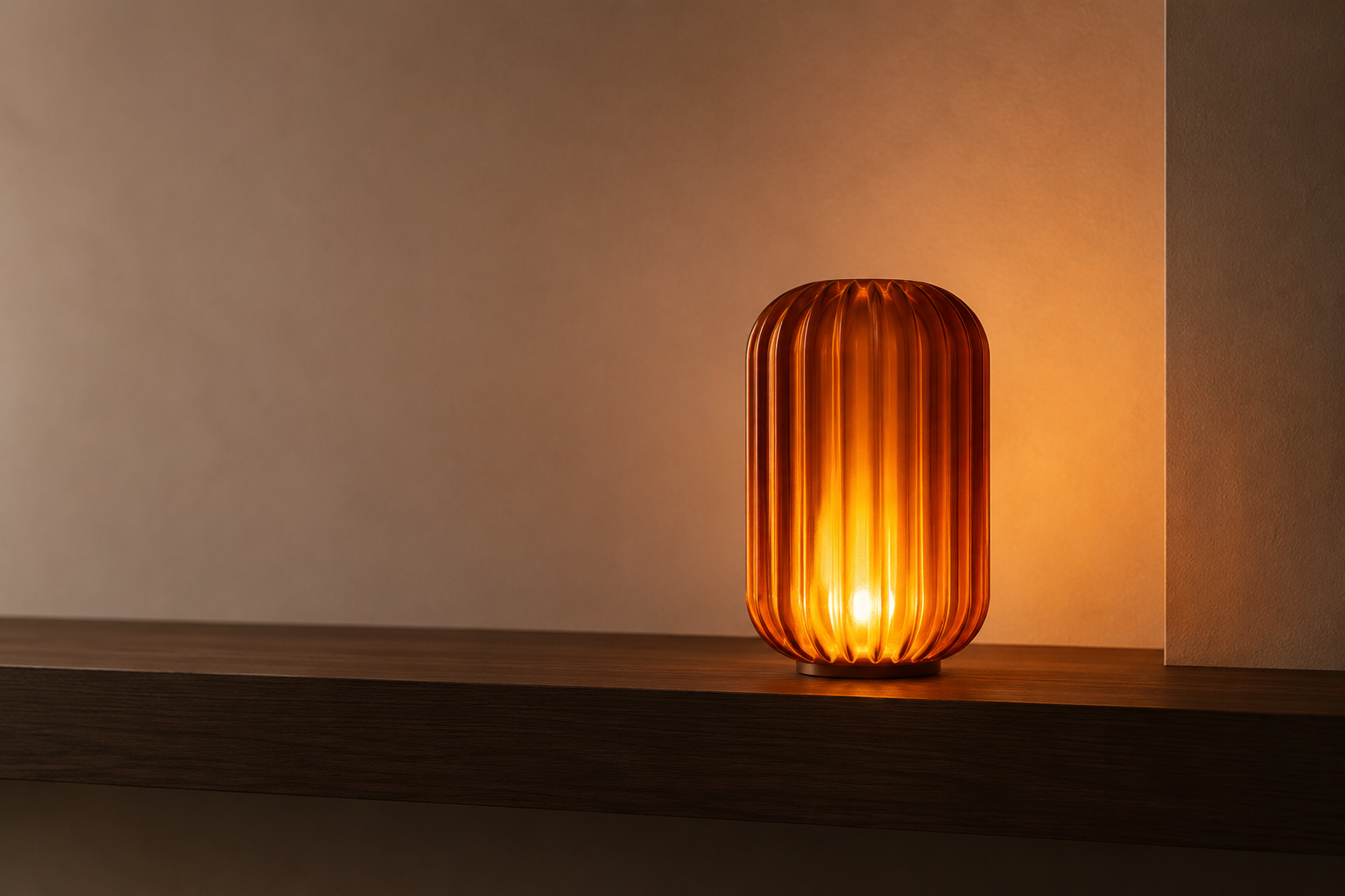 Aura amber table lamp glowing on a dark wood shelf.