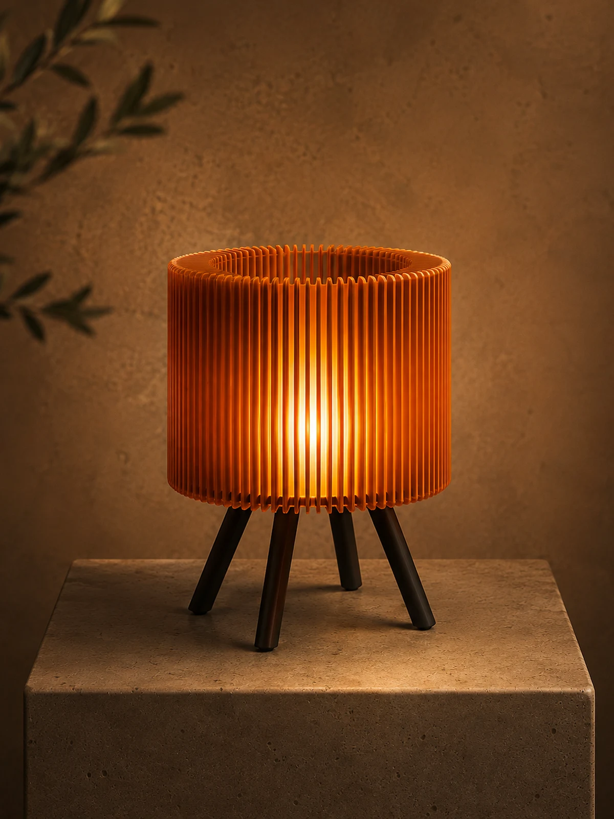 Orbit Amber table lamp glowing on a concrete pedestal.